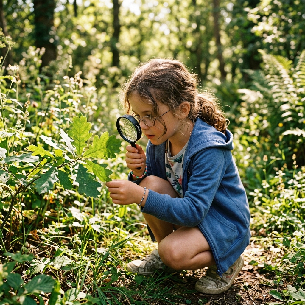 Estudante observando natureza com lupa