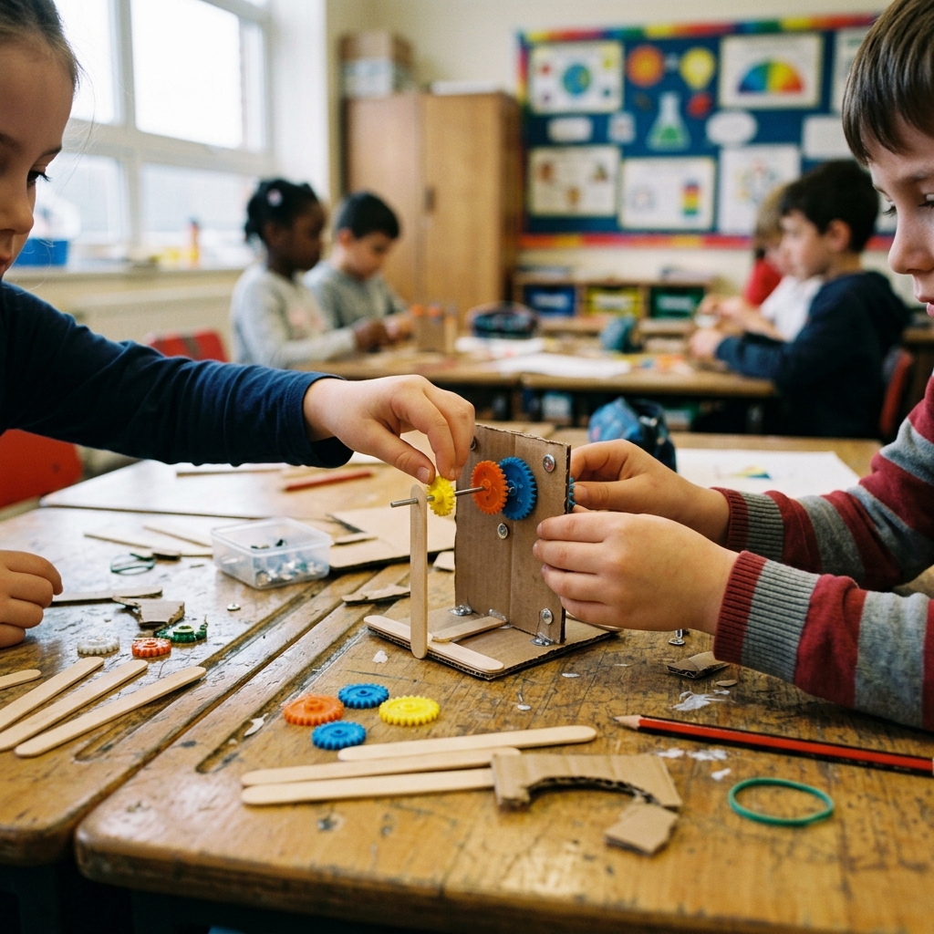 Crianças construindo projeto STEAM com palitos e engrenagens